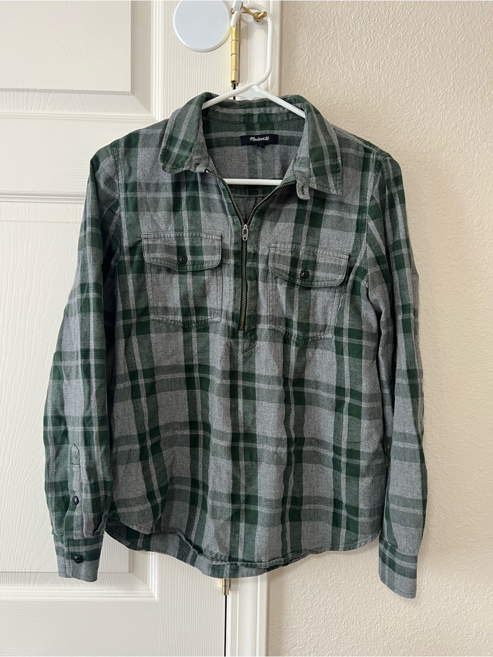 Madewell Washburn Plaid Flannel Zip Front Popover Shirt Size Medium Style F6722